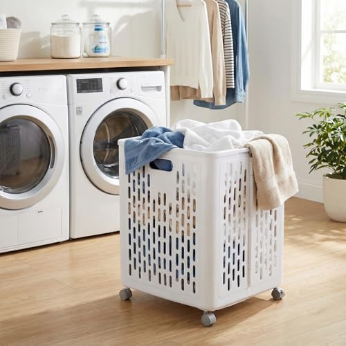 60L Collapsible Laundry Baskets, Plastic Laundry Hamper with Handles, Foldable Laundry Bin, Laundry Basket with Wheels for Laundry Room Organization, Ideal for Clothes, Towels, Blanket, White