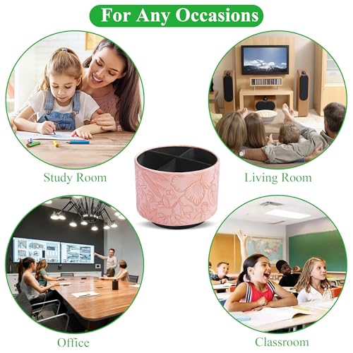 Hennaja Round Leather Art Supply Organizer,Remote Control Holder,360 Degree Spinning,Multi-Functional Pencil Holder,4 Compartments Desktop Stationary Organizer(1-Carved Pink) - color: 1-Carved Pink