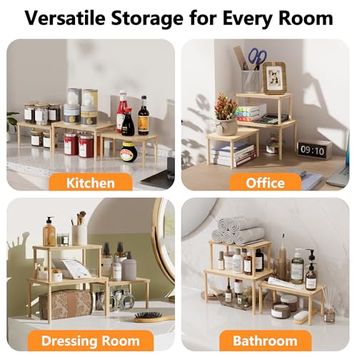 HYPIGO Cabinet Storage Organizer Shelf, Set of 3 Kitchen Cabinet Shelves, Stackable Cabinet Risers, Spice Rack Organizer for Countertop, Under Sink, Bathroom, Pantry Organization with Non-Slip Mat