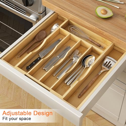 Youpehom Bamboo Utensil Organizer for Kitchen Drawers, Expandable Utensil Tray and Cutlery Silverware Holder,Wood Drawer Dividers with 7 Adjustable Slots - size: 7 Slots Expandable