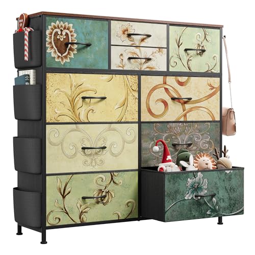 WLIVE Fabric Dresser for Bedroom with 10 Drawers, Chest of Drawers with Side Pockets and Hooks, Sturdy Metal Frame, Drawers Organizer Unit for Living Room, Hallway, Floral Painted - color: Floral Painted