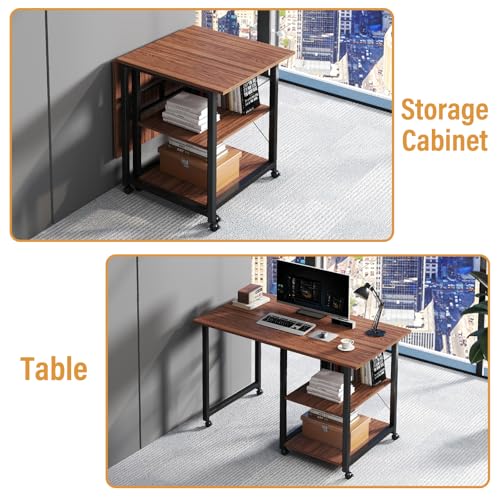 Funecy Folding Desk with Storage Shelf, Writing Office Computer Desk, 42.5 Inch Multi-Purpose Folding Dining Table, Mobile Table with Wheels (Brown)