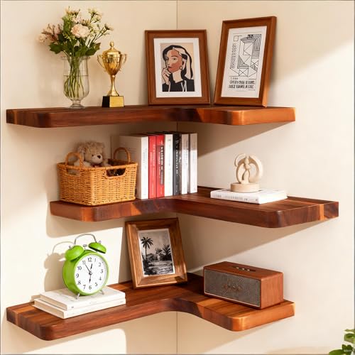 Floating Corner Shelves, Wall Shelf Set of 3, Shelves for Wall Storage, Solid Wood Shelves for Storage, Wall Mount Wooden Display Shelf for Bathroom Bedroom Kitchen Garage (Acacia, 3pcs) - color: Acacia 3 Pcs