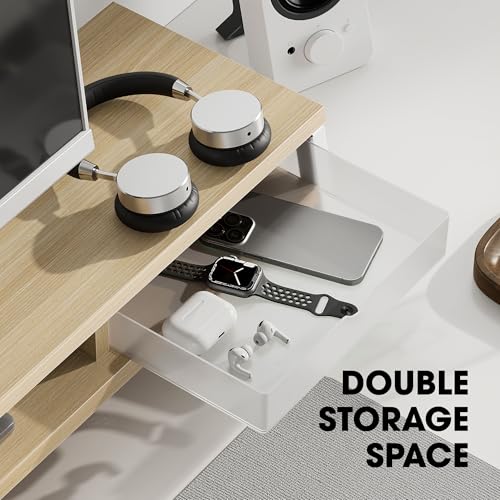 Fenge Dual Monitor Stand, Monitor Riser with Drawer, 42.5 Inch Large Computer Monitor Stand for 2 Monitors, 2 Tier Wooden Desk Shelf for Top of Desk - color: Oak