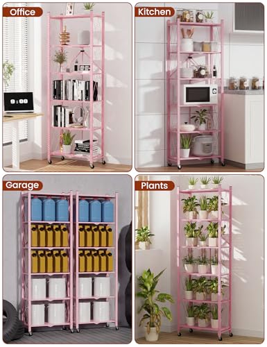 ALANNG 73.6 Inch Folding Bookshelf, 6 Tier Metal Bookcase and Bookshelves, Tall Shelves for Living Room Office Bedroom, Heavy Duty Book Shelve Free Standing Open (Pink, 1PACK) - color: Pink