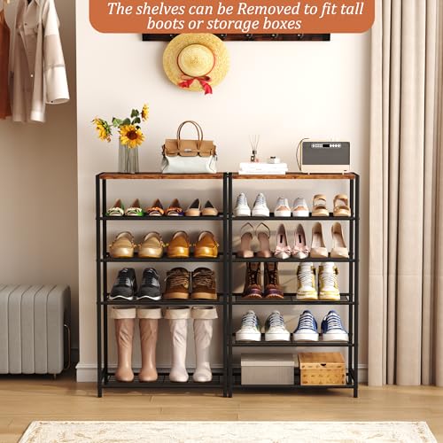 HOMEFORT Shoe Rack 6-Tier, Shoe Storage Shelf, Industrial Shoe Tower, Narrow Shoe Organizer for Closet Entryway, Small Shoe Rack Table with Durable Metal Shelves, Rustic Brown - color: Rustic Brown, size: 6-Tier (11.8"D x 23.23"W x 40.55"H)