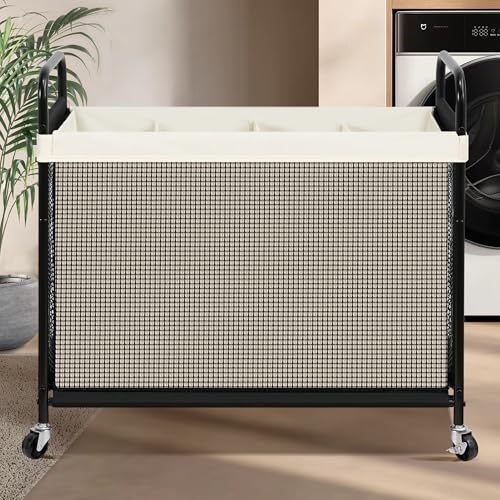 STO STO Laundry Hamper 4 Section, 140L Rolling Laundry Sorter Cart with Removable and Washable Liner Bag, Clothes Hamper with Wheels and Metal Handle for Laundry Room and Bedroom, Beige - color: Beige, size: 4-Section