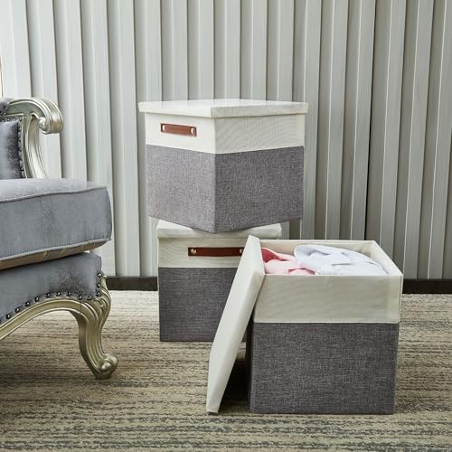 DECOMOMO Storage Basket with Lid, Storage Cubes with Handles, Fabric Box with Lid (Grey and White, 13” / 3 Pack) - color: Grey and White, size: Cube 13"