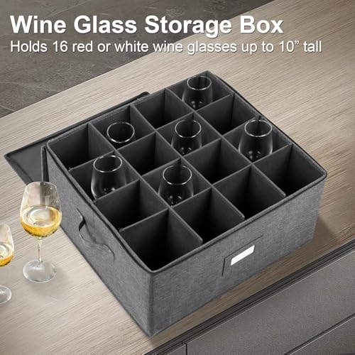 popoly Stemware Storage Cases 2 Pack, Wine Glass Storage Box Containers with Dividers for Glassware or Crystal, Holds 32 Red or White Wine Glasses, Hard Top and Stackable (Grey) - color: 16 Cell Grey 2PACK