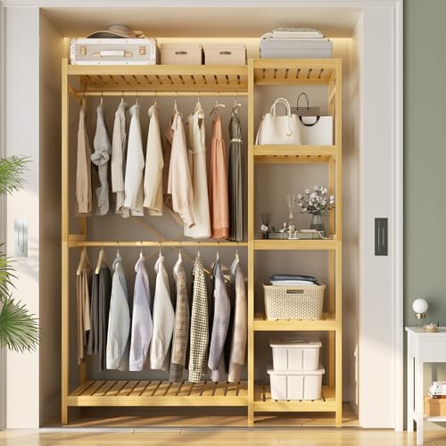 Homykic Bamboo Closet System, Heavy Duty Clothing Rack for Hanging Clothes, Freestanding Clothes Rack with 7 Adjustable Shelves & 2 Rods, 4 Hooks, Open Wardrobe Closet Organizer Garment Rack - color: Bamboo, size: 1-Pack