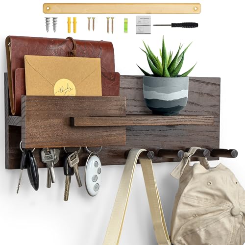 Solid Wood Mail and Key Holder for Wall Decorative Display - Includes Mail Holder, Shelf with Hooks for Keys & Pegs for Hanging Hats, Coats, Bags, Backpacks & More - Sleek Modern Design, Walnut Brown - color: B-Brown