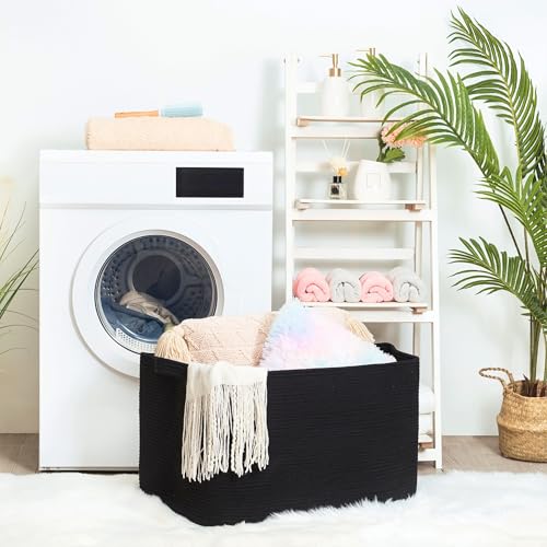MINTWOOD Design 22in Extra Large Blanket Basket Holder Living Room, Rectangle Rope Woven Storage Basket with Handles for Laundry, Pool Towels, and Shoes, Dog Toy Organizer Bin Box, Full Black - color: Full Black