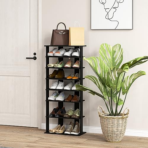 Tangkula 8-Tier Vertical Shoe Rack, Space-Saving Corner Shoe Organizer for 14 Pairs, Narrow Shoe Storage for Entryway, Front Door, or Closet - color: Black, size: 10" x 18.5" x 43.5"