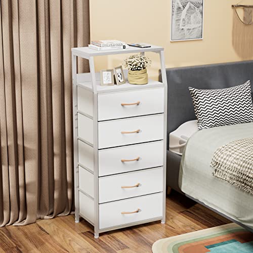 Furnulem White Dresser with 5 Drawers, Vertical Storage Tower Fabric Dresser for Bedroom, Hallway, Entryway, Nursery, Closet Organizer, Nightstand Bedside Table Furniture, Sturdy Steel Frame, Wood Top - color: White, style: 5 Drawers