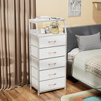 Furnulem White Dresser with 5 Drawers, Vertical Storage Tower Fabric Dresser for Bedroom, Hallway, Entryway, Nursery, Closet Organizer, Nightstand Bedside Table Furniture, Sturdy Steel Frame, Wood Top - color: White, style: 5 Drawers