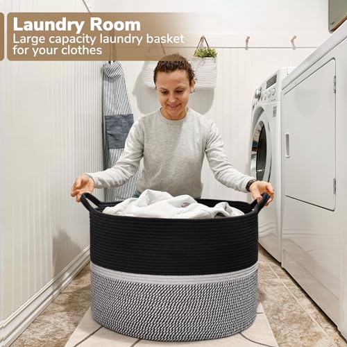 CHICVITA Extra Large Laundry Basket, Woven Rope Blanket Basket for Towels, Clothes, Toy Storage, Pillow Basket for Living Room, Family Room, 22 x 22 x 14 inches, Black - color: Black and Gray