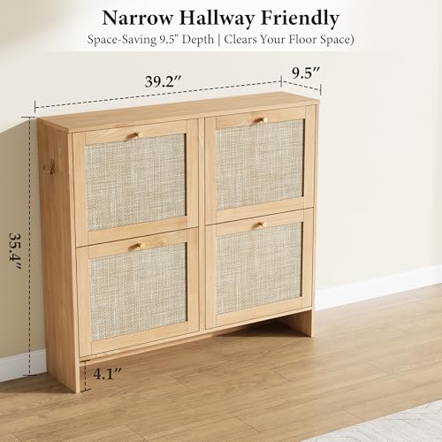 Nicetree Shoe Cabinet Storage for Entryway, 4-Flip Drawer Narrow Shoe Rack with Adjustable Shelves, Boho Modern Square Rattan Shoe Organizer, Slim Wood Storage Cabinets for Small Spaces Fits Size 13.5 - color: Natural Honey Oak, style: 4 Flip Drawer - Cla