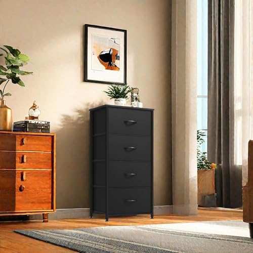 DWVO Storage Tower with 4 Drawers - Fabric Dresser, Organizer Unit, Living Room, Closets - Sturdy Steel Frame, Easy Pull Fabric Bins & Wooden Top - color: Cool Black, style: 4-Drawer