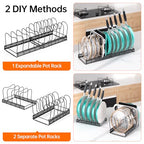 MUDEELA Expandable Pots and Pans Organizer Rack under Cabinet, Pots Lid Organizer Rack for Kitchen Cabinet Organizers and Storage with 12 Adjustable Dividers Cutting Board Holder & Anti-Scratch Strips - style: 12 Dividers-Black
