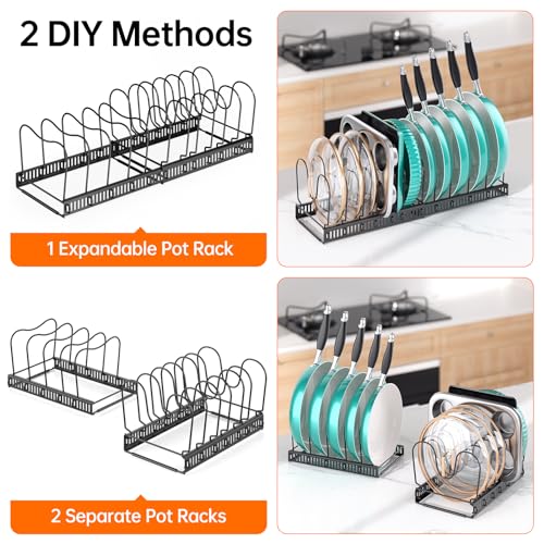 MUDEELA Expandable Pots and Pans Organizer Rack under Cabinet, Pots Lid Organizer Rack for Kitchen Cabinet Organizers and Storage with 12 Adjustable Dividers Cutting Board Holder & Anti-Scratch Strips - style: 12 Dividers-Black