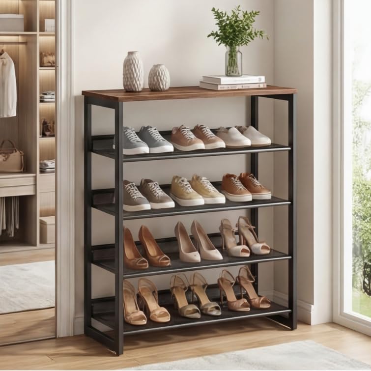 Garden 4 you Shoe Rack for Entryway 5 Tiers 11.8" D x 29" W x 36.5" H, Metal Shoe Rocks with Brown Wooden Tabletop, Angled Shoes Rack with Adjustable Mesh Shelves for Entryway Hallway Closet - color: Rustic Brown, size: 5-Tiers