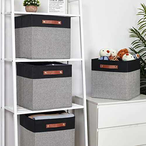 Temary 13 x 13 Storage Cubes Foldable Storage Cubes 4 Pack Canvas Storage Bin for Home, Square Storage Baskets with Leather Handles (Black&Grey) - color: Black&Grey, size: 13×13×13