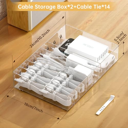 FRETONBA 2Pcs Cable Charger Organizer Box, Large Cords Storage Organizer with Adjustable Compartments and Wire Ties, Stackable Cord Organizer for Drawer - Clear - size: Large 2Pcs