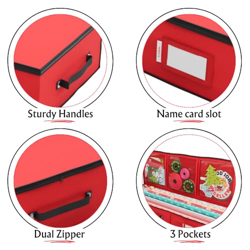 Primode Wrapping Paper Storage Container | Gift Wrap Organizer Under Bed | 41”x14”x6” | Fits 18-24 Rolls Up to 40” | 600D Oxford | Box Holder with Pockets for Ribbon, Bows and Accessories (Red) - color: Red