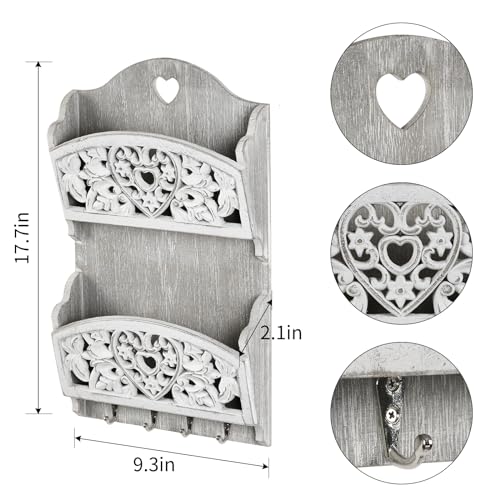 Mail Organizer with Key Holder,2-Slot Mail Holder with 4 Key Hooks for Wall Decorative, Wooden Hanging Organizer for File Letter in Shelf Home Farmhouse Decor for Entryway Office - style: Rustic