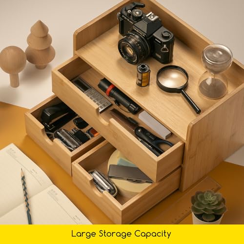 MEEDEN Bamboo Desk Organizer with Drawers: Desktop Storage Container with Shelf - Tabletop Storage Organization Box for Office Home Toiletries Supplies - color: 3 Drawers with shelf