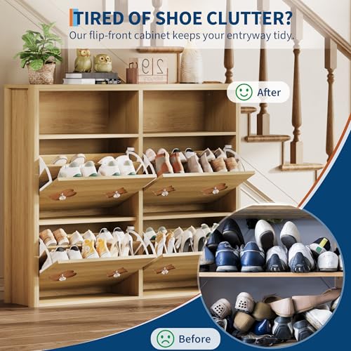 GarveeHome Shoe Cabinet with 4 Flip Drawers, Narrow Wood Shoe Organizer Cabinet with Floral Pattern, Freestanding Slim Shoe Rack Cabinet with Adjustable Shelves & Open Storage, for Entryway, Natural - color: Natural Wood Color, size: 4-Drawers