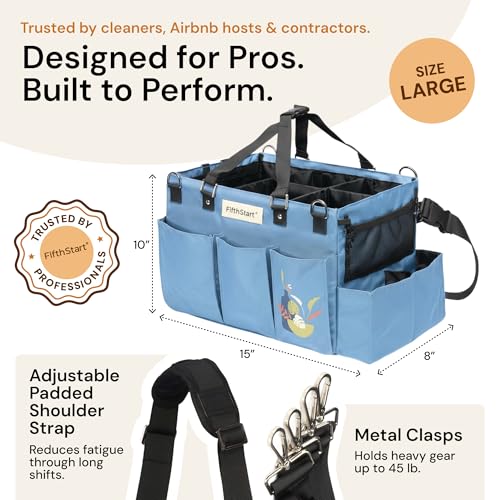 FifthStar Cleaning Caddy Bag for Professionals - Heavy-Duty Organizer with Shoulder Strap, 9 Pockets, Mesh Base & Adjustable Compartments - Cleaning Supplies Organizer for Crews (Blue, Large) - color: Blue, size: Large