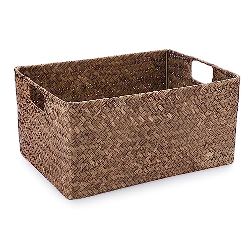 Hipiwe Seagrass Storage Opened Baskets Bin for Shelf Organizing Handwoven Wicker Baskets Rectangular Decorative Basket Closet Bedroom Organizer Bin Box Multipurpose Storage Basket with Handle - color: Coffee, size: Large,14.6"x10.6"x7"