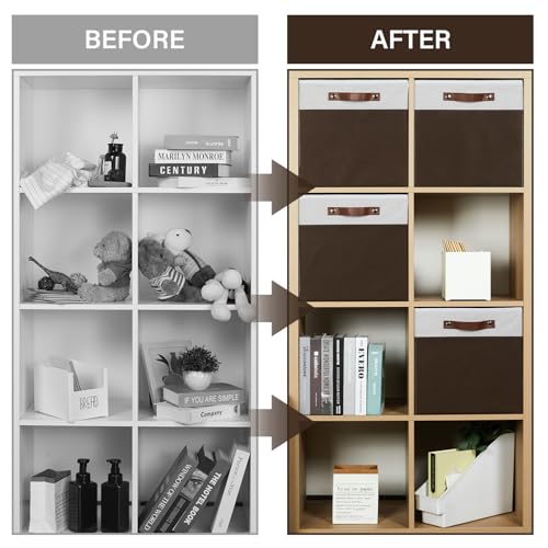 Temary Foldable Cube Baskets 4Pack - Shelf Storage Bins with Handles, Fabric Storage Organizer for Clothes, Home (White&Brown, 13x15x13 Inch) - color: White&Brown, size: 13x15x13