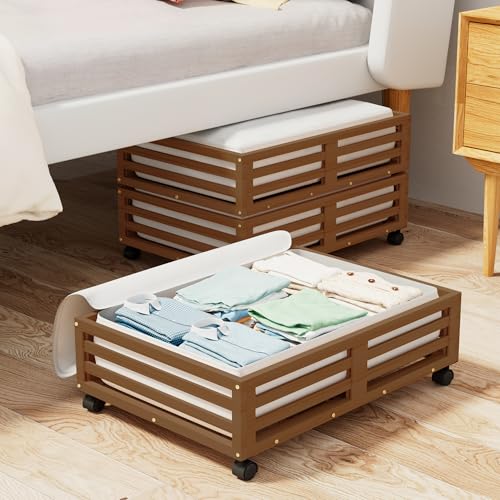 Wisuce Bamboo Under Bed Storage Containers- Underbed Organizer with Wheels with Dust Bag,Sturdy Wood Rolling Under the Bed Shoe Storage Organizer Drawers (Brwon, 2 Pack (23.62"×16.54")) - color: Brwon, size: 2 Pack (23.62"×16.54")