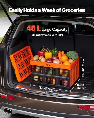VEVOR Plastic Collapsible Storage Bins, 45L 6 Packs, Stackable Folding Storage Crates with Handles, Holds 33 lbs Per Bin, Foldable Heavy Duty Containers, Space-Saving Baskets, for Home Organizing - size: 45L-Orange-6PC
