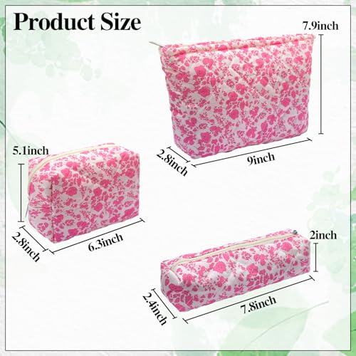 3 Piece Pink Quilted Floral Makeup Bag Set Small Cosmetic Bag For Women Cute Cotton Makeup Pouch For Purse - color: New 3Pcs pink