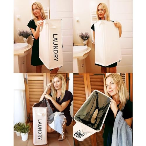 ZERO JET LAG 52L Large Slim Rolling On Wheels Laundry Hamper Tall Dirty Clothes Storage Basket Standable Corner Handy Bin Hamper Basket 15×8×22" (22 Inches, Printed Beige) - color: Printed Beige (With Wheels)