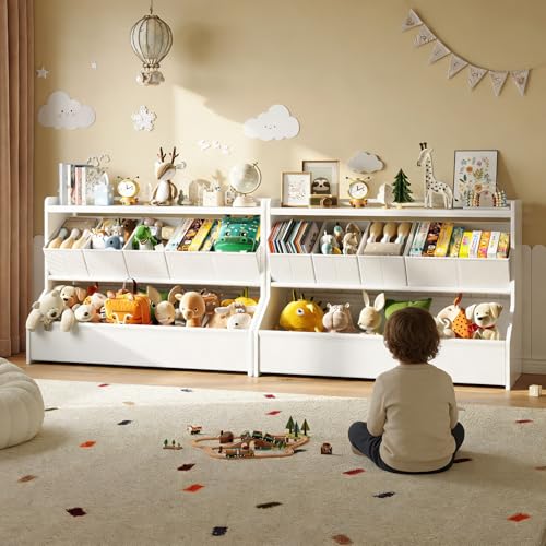 FOUCSSOMEI Toy Storage Organizer, 3-Tier Wooden Kids Toy Storage with Bookshelf, Movable Compartments, Safe and Stable Design, for Space Saving, Large Size, Patent Design - size: Large Size