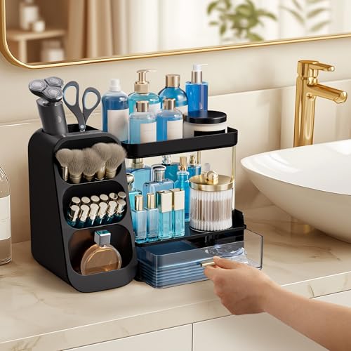 HBlife Bathroom Organizers and Storage with Brush Holder for Vanity, 3 Tier Plastic Makeup Organizer for Dresser Counter, Skincare, Lipstick, Perfume, and Cosmetic Storage, Black - color: Black, size: Medium