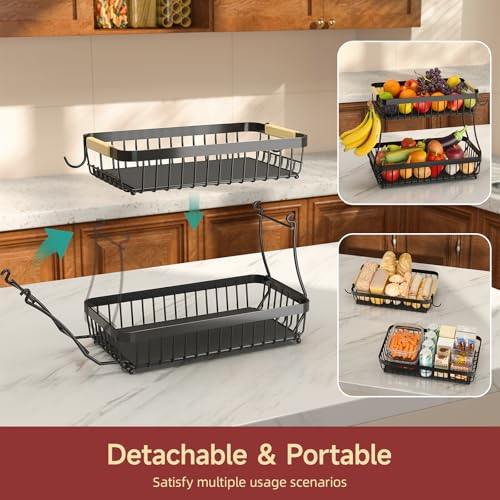 Sevenblue 2 Tier Large Fruit Basket for Kitchen Counter with 2 Mobile Banana Hangers, 2026 Pro Detachable Metal Fruit Bowl with Wooden Handle, Fruit Holder for Bread Snack Veggies with Protective Mats - color: Black, size: 2 Tier