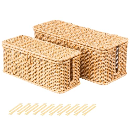 BROWNLILY Cable Management Box, Rattan Style Cord Organizer for Desk Cord Hider Outlet Covers Baby Proofing for Power Strip TV PC Router Charger Under Desk Storage with Lockable Lid and Cable Ties - color: Natural, size: Set (L+M)