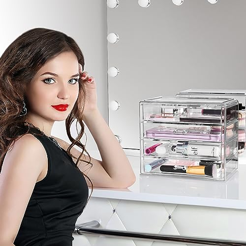Sorbus Acrylic Makeup Organizer Set, 4-Drawer Vanity & Countertop Cosmetic Storage with Wide Drawers, Clear Makeup Storage for Brushes, Lipsticks, Jewelry – Holiday Gift for Women & Teens - color: Clear