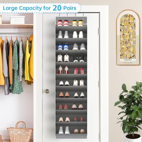 REGELETO 10 Tiers Large Size Over Door Shoe Organizer Storage, Hanging Shoe Rack for Door with Deep Pockets, Fit 20-30 Pairs Shoe Organizer Holder for Sneakers and Boots (Grey) - color: Grey-10 cell