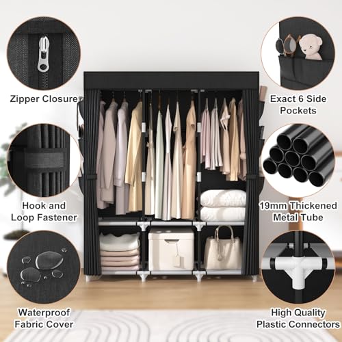 VTRIN Portable Closet for Hanging Clothes 52 Inch Wide Portable Wardrobe Closet with Cover, 6 Storage Shelves and 3 Hanging Rod, Diameter 19mm Metal Pipe, Sturdy Closet for Bedroom, Black - color: Black, size: 3 Row - 52'' Wide