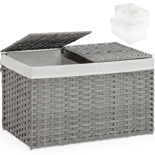 SETVSON Storage Basket with Lid Rattan Storage Basket with 2 Separate Lid, 27.8 Gallon (105 L) 25.2 * 15.4 * 16.1 Inches Woven Wicker Baskets with 2 Liners and Handles for Bedroom Laundry-Gray - color: Gray, size: 105L-25.2L*15.4W*16.1H