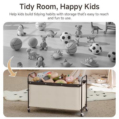 StorageWorks Toy Box with Wheels for Kids, 135L Large Toy Storage Chest and Organizer, 23" Metal Toybox with 360° Swivel Wheels for Bedroom, Kids Room, Stuffed Animal Storage, Beige - color: Beige, size: 33"Lx13"Wx23¼"H