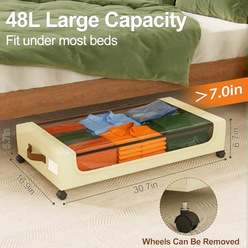 GoMaihe Under Bed Storage with Wheels: 48L Underbed Storage Containers with Lids - Rolling Bins for Shoes Clothes in Dorm Bedroom - Metal Drawers Easy Pull-out Beige 2-Pack - color: Beige, size: Large(2Pack)