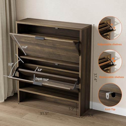 Garvee Shoe Storage Cabinet for Entryway, Fluted Shoe Cabinet with 2 Flip Drawers Doors, 32" Wide Hidden Shoe Rack Tall Freestanding Shoe Organizer for Entrance, Hallway, Living Room, Walnut - color: Walnut, size: 2 Drawers