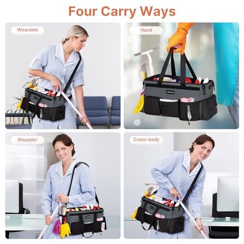JKAOO Large Wearable Cleaning Caddy Bags,Cleaning Supplies Storage Bag with Handles and Adjustable Shoulder Strap and Removable Waist Straps,Waterproof Cleaning Bags for Home,Car,Office (Gray) - color: Gray